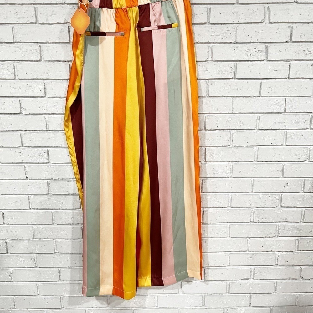 Fe Noel Vertical Stripe Satin 2 Piece Set Button Down Shirt and Wide Leg Pants - Picture 4 of 14